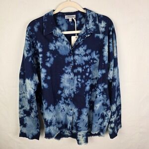 NWT PJSALVAGE Indigo Tie Dye Distressed Button‎ Up Shirt Women L Long Sleeve